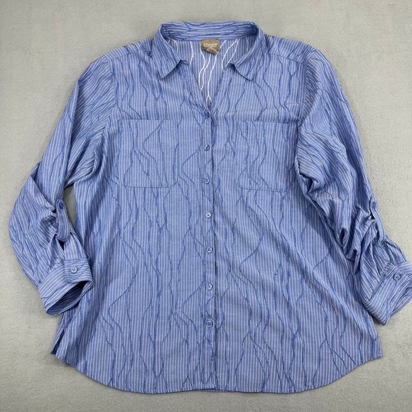 Chico's Tops - Chico's Blue White Pinstripe Textured Button Down Shirt Roll Tab Size 3 Large